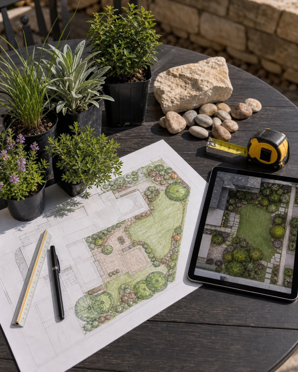 Landscape design planning materials on an outdoor table