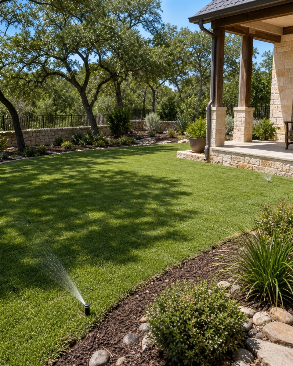 Fresh sod installation in a New Braunfels backyard