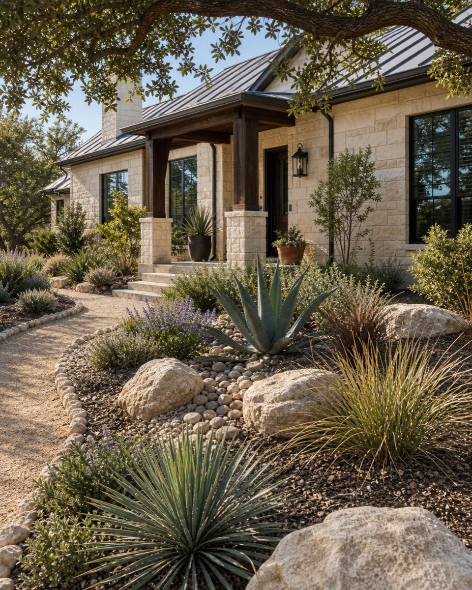 Drought tolerant xeriscape landscape with native plants and stone